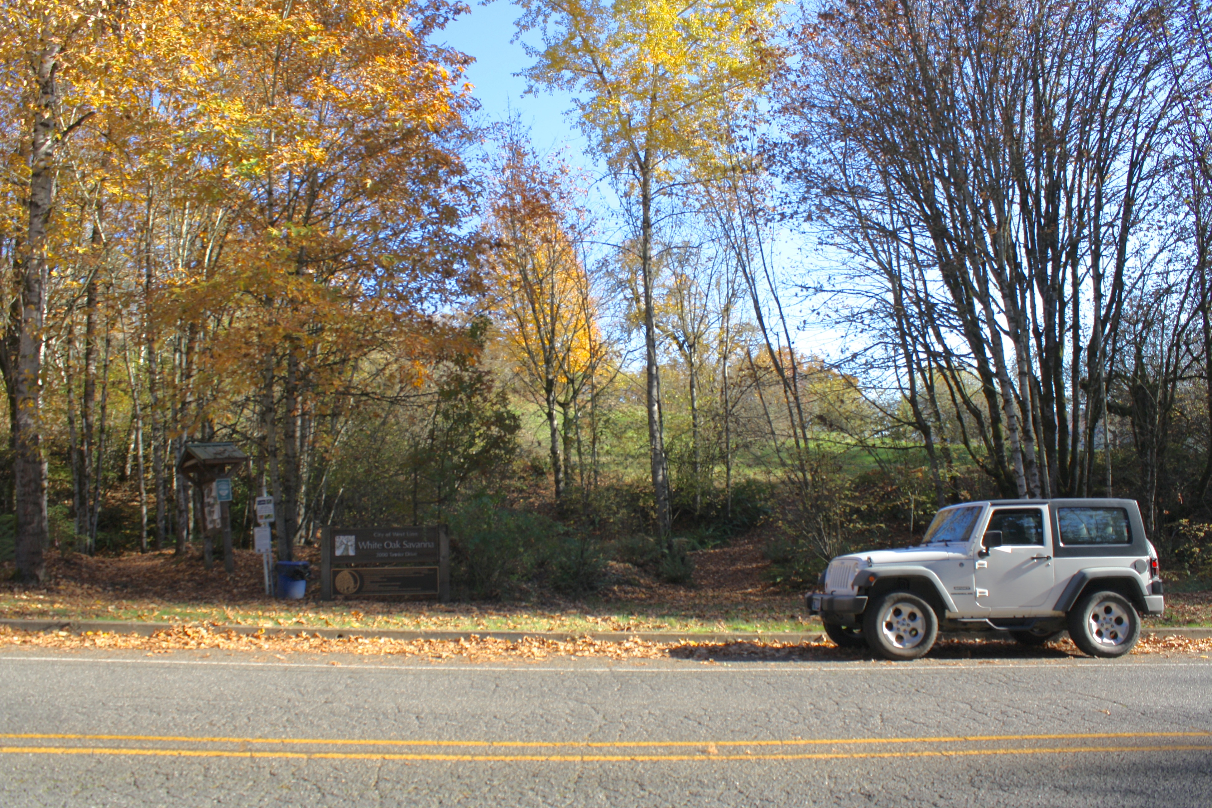 White Oak Savanna Trailhead with a Jeep Wrangler